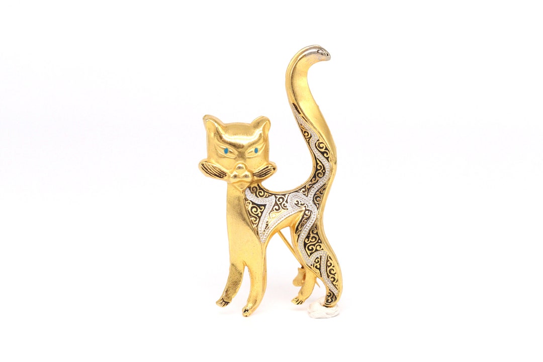 Vintage Cat Brooch | Damascene Cat | Signed Spain| Designer Brooch