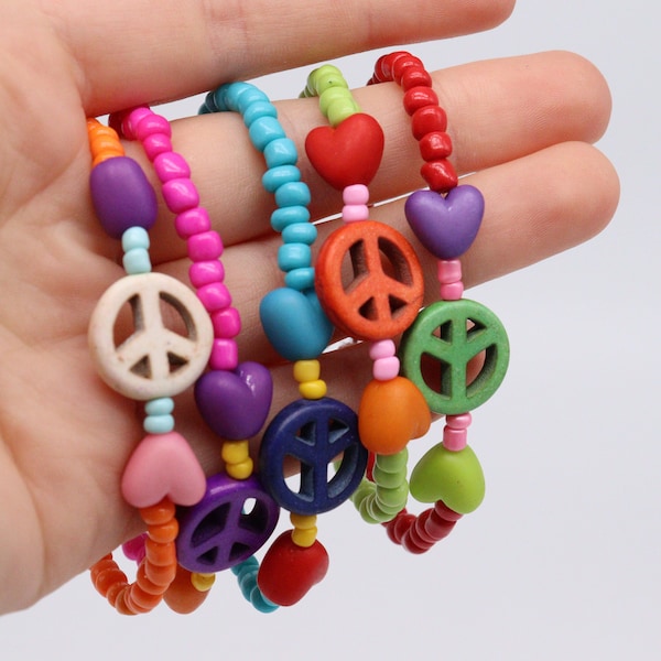 Hematite Peace Sign and Heart Seed Bead Bracelet | Boho and Hippie Style Multicolour Bright Mixed Bead Bracelet  | Pink Orange Green Blue