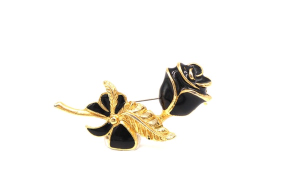 Vintage Flower Brooch | Gold Tone | Black Enamel | Brooch Pin