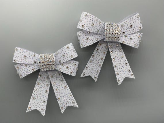 2 Sparkly Silver Glitter Rhinestone Bow Present Decor Christmas Tree Ornament Bauble Decoration