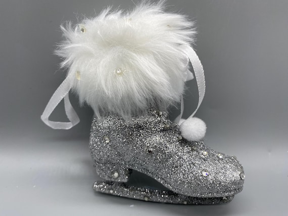 1 Sparkly Silver Ice Skating Boot Fuzzy Rhinestone Hanging Christmas Tree Ornament Bauble Decoration