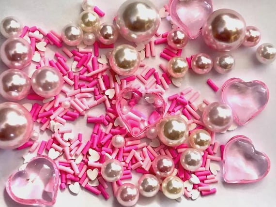 Pink Heart Vase Filler | Pink and White Table Confetti | Heart and Pearl Vase