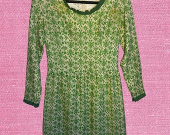 Joseph Magnin 1970s Long Sleeve Flower Basket Green Dress