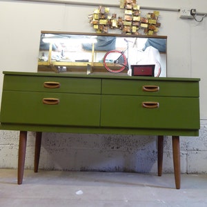 vintage mid centre hand painted restyled dressing table in little green paints, Jewel beetle.