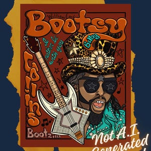 May include: A digital illustration titled Black Culture Icons Coloring Pages featuring a portrait of Bootsy Collins wearing a leopard print hat and star-shaped sunglasses, holding a star-shaped guitar with the text Bootsy, Baby, and Bootzilla.