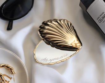Personalized Seashell Compact Mirror | Hand Engraved Art Deco Favor | Bridesmaid Gifts | Pocket Mirror