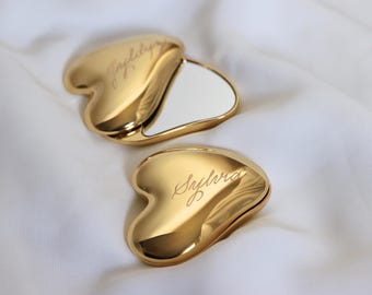 Custom Hand Engraved Heart Compact Mirror | Personalized Bridesmaid Gift | Pocket Mirror