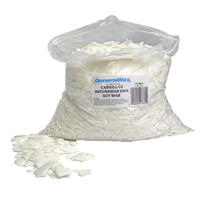 May include: A 5 lb bag of white Cargill C3 soy wax flakes for candle making. The bag is labeled "GeneralWax" and "Cargill C3 NatureWax 100% Soy Wax".