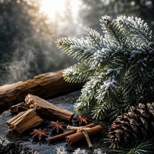 May include: A frosted evergreen branch with pine needles, a brown pinecone, two cinnamon sticks tied with twine, three star anise pods, and small wood pieces arranged on a dark, wet, textured surface with wisps of steam rising nearby.