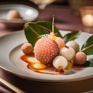 May include: A pink lychee dessert with a brown sauce and green leaves on a white plate.