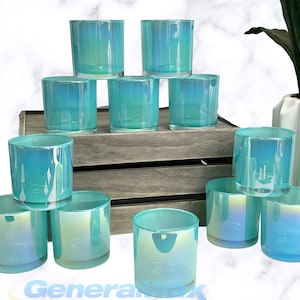 12-PAK: 9,5 oz. Hemelsblauwe iriserende kaarspotten, iriserende kaarspotten bulk, bulk kaarspotten, blauwe iriserende moderne kaarsenhouders