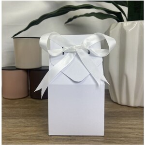 May include: A white gift box with a white satin ribbon tied in a bow. The box is empty and ready to be filled with a special gift.