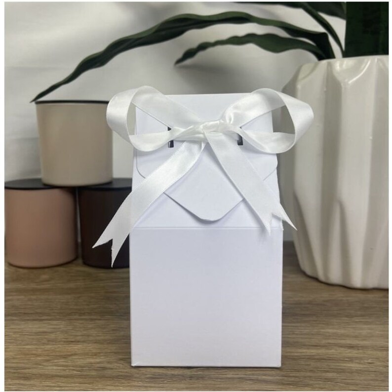 May include: A white gift box with a white satin ribbon tied in a bow. The box is empty and ready to be filled with a special gift.