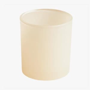 May include: A cylindrical, frosted glass candle holder in a soft, creamy off-white colour. The container has a smooth, matte finish and a wide opening. The simple design is suitable for various home decor styles.