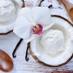 May include: Two half coconut shells filled with vanilla ice cream, a white orchid with a pink center, and vanilla bean pods on a white wooden background.