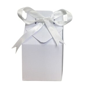 May include: A white gift box with a white satin ribbon tied in a bow on top.