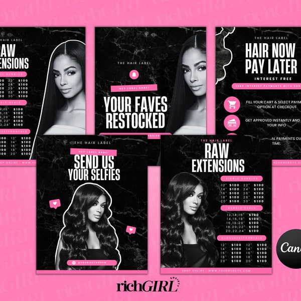 Pink Hair Flyer Bundle, Pricelist Flyer, Hair Sale, Bundle Deals, Hair Extensions Wig Flyer, Editable Canva Template