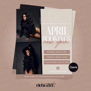 DIY April Booking Flyer, Appointments available, Spring Bookings,  Bundle Deals, Hair, Lashes, Nails, Editable Canva Template