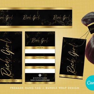 Gold Hang Tags, Bundle Wraps, Hair Packaging, Hair Tags, Editable Canva Template