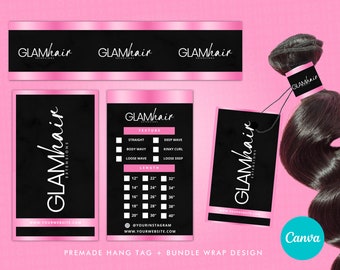 Hair Extension Packaging: Pink Hang Tags & Bundle Wraps (Canva Template)