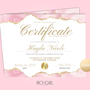 DIY Certificate of Completion, Certificate Template, Pink Printable Certificate, Course certificate, Lash Extension Course