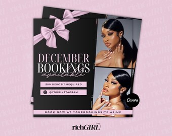 December Appointments Flyer, Christmas Holiday, Booking Flyer, Hair, Brows, Lashes, Nails, Canvas Template
