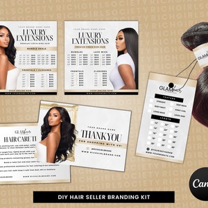 DIY Hair Branding Kit, Hair Flyer, Hang Tags, Bundle Deals, Hair Extensions Wig Flyer, Editable Canva Template image 1