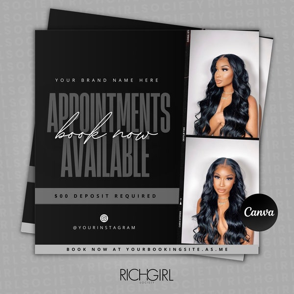 DIY Booking Flyer,  Appointments Available, Bookings Open, Hair, Lashes, Nails, Editable Canva Template