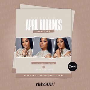 DIY April Booking Flyer, Appointments available, Spring Bookings,  Bundle Deals, Hair, Lashes, Nails, Editable Canva Template
