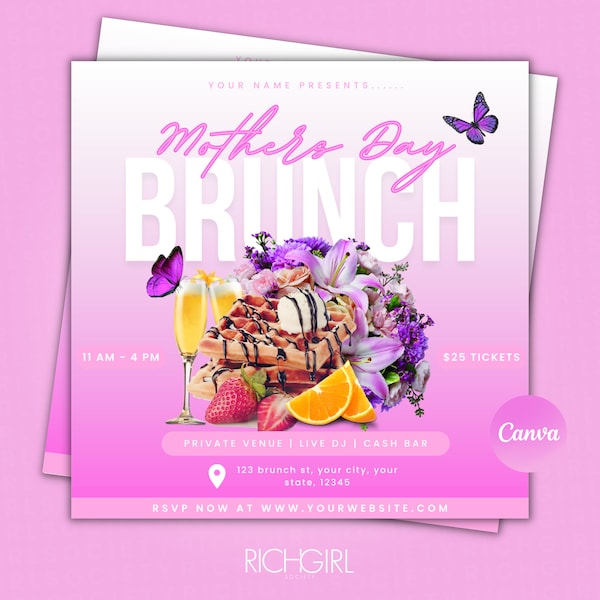 DIY Mothers Day Brunch Flyer, Brunch Invitation, Pink Mothers Day Flyer,  Social Media Flyer, Editable Canva Template