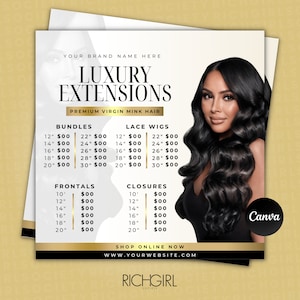 Folleto de lista de precios de cabello DIY, ofertas de cabello, ofertas de paquetes, folleto de extensiones de cabello y pelucas, plantilla editable de Canva