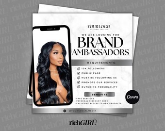 DIY Brand Ambassador Flyer,  Ambassador Wanted, Bookings Open, Hair, Lashes, Nails, Editable Canva Template