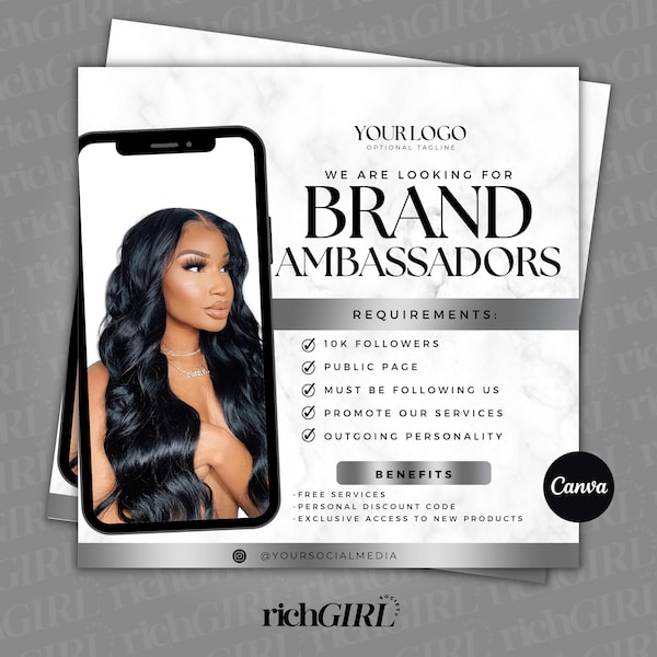 DIY Brand Ambassador Flyer,  Ambassador Wanted, Bookings Open, Hair, Lashes, Nails, Editable Canva Template