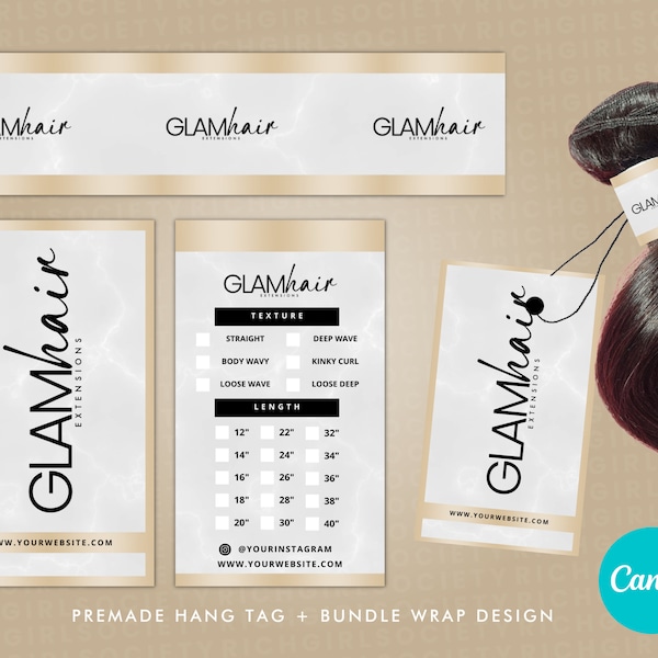 Gold Hang Tags, Bundel Wraps, Haar Verpakking, Hair Tags, Bewerkbare Canva Template