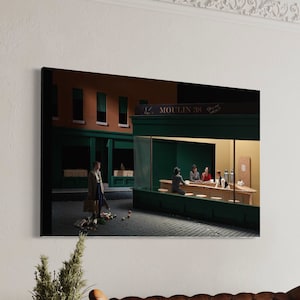 Lienzo decorativo/impresión en miniatura de Moulin 38 Nighthawks, homenaje al artista estadounidense Edward Hopper, de Nicolas Velter