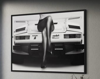 Lamborghini Girl Canvas Wall Art / Poster Print, Automotive Lovers Black and White Office & Home Interior Decor