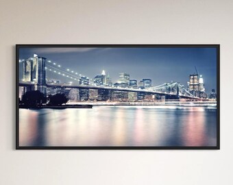 New York Wall Art Framed Canvas | NYC Panoramic Poster Print, Urban Skyline Decor