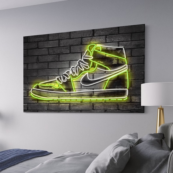 Art mural en toile Nike Air Jordan 1 vert néon / impression d'affiche, néon d'art moderne, déco de bureau Sneaker vintage