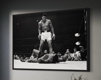 Muhammad Ali VS Sonny Liston Canvas Wall Art | Famous Knockout Phantom Punch, Black & White Poster Print, Man Cave Gift