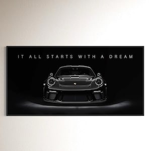 Tableau Toile Porsche GT3 RS Art Mural - Blanc Et Noir - Encadré Prêt à Accrocher - Neuf