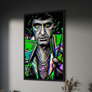 Scarface Neon Canvas Wall Art | Tony Montana Poster Print | Iconic Gangster Movie Decor | Al Pacino Money Pop Art