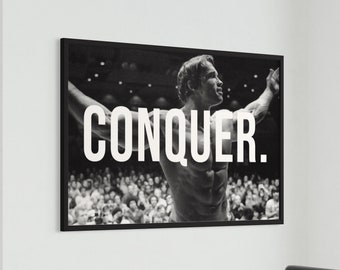 Arnold ‘Conquer Every Challenge’ Motivational Quote Canvas Wall Art / Bodybuilding GYM Poster Print Inspiration