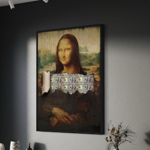 Money Lisa Canvas Wall Art | Street Art Poster Print of Mona Lisa with Cash | Urban Pop Decor for Living Room, Office or Gift