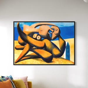 May include: Abstract painting in a black frame. The artwork features two figures in shades of orange and brown against a blue sky and yellow ground. The figures are intertwined, creating a sense of movement and emotion.