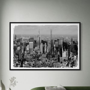 New York City Skyline Canvas Wall Art | Panoramic Urban Poster Print, NYC Aerial View Home Decor, Black and White Cityscape Art