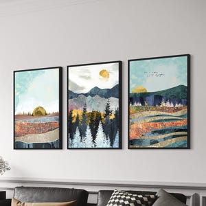 Abstract Forest Wall Art Set Poster Print | Canvas Wall Art | Set of 3 Modern Landscape Paintings | Nature-Inspired Living Room Decor