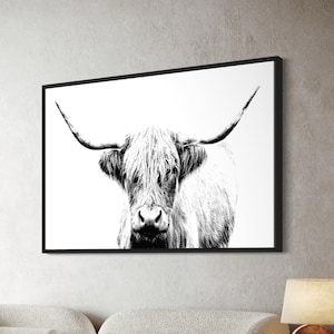 Highland Cow Canvas Wall Art | Black & White Horned Cow Poster Print, Minimalist Animal Photo Art for Farmhouse or Modern Rustic Home Decor