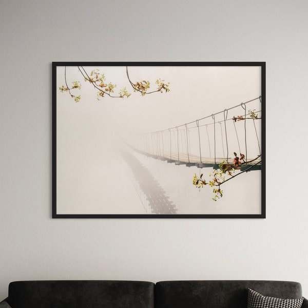 Rope Bridge Canvas Wall Art Suspension Bridge in the Foggy Forest Canvas Wall Art, Bridge Poster Wall Forest Print, Home decor