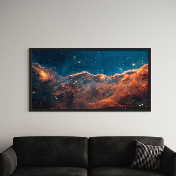 Vue du télescope spatial James Webb sur la nébuleuse de la Carène des « falaises cosmiques » : art mural sur toile/impression d'affiche. Décoration astronomique pour la maison et le bureau.