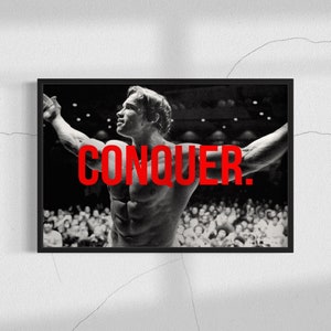 Arnold Schwarzenegger Motivational Canvas Wall Art | Quote ‘Conquer Every Challenge’ Poster Print | Home Decor